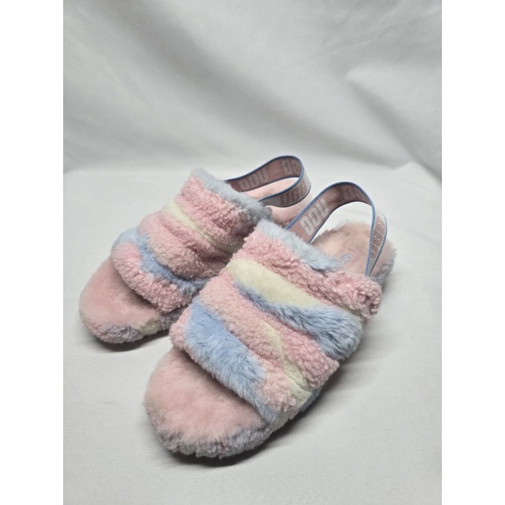 UGG FLUFF YEAH SLIDE Slippers Cali Collage Women's 10 Pastels Pink Blue White